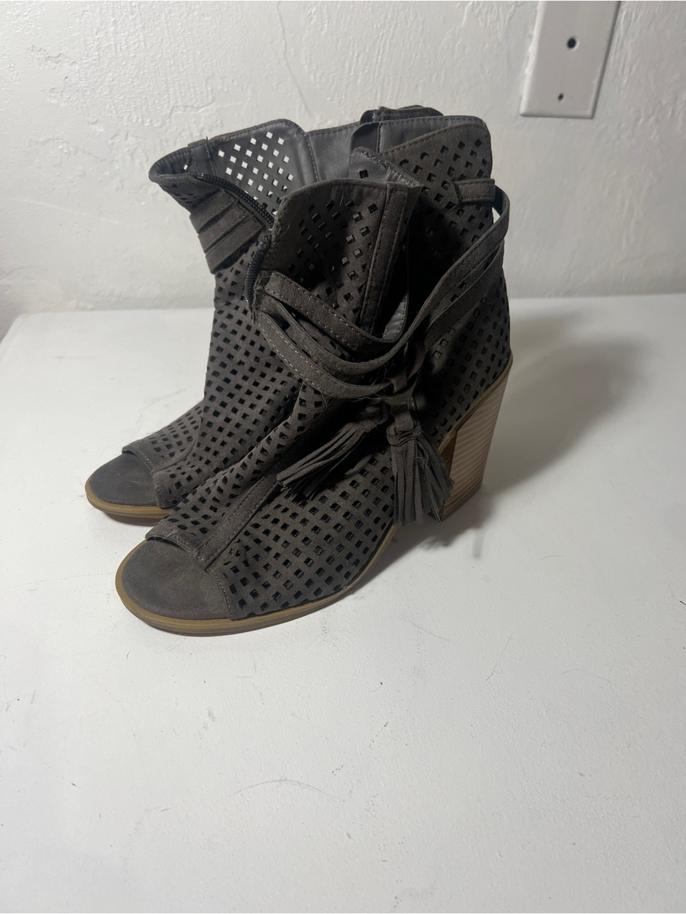 London Rag "Serena" Perforated Peep-Toe Booties in gray